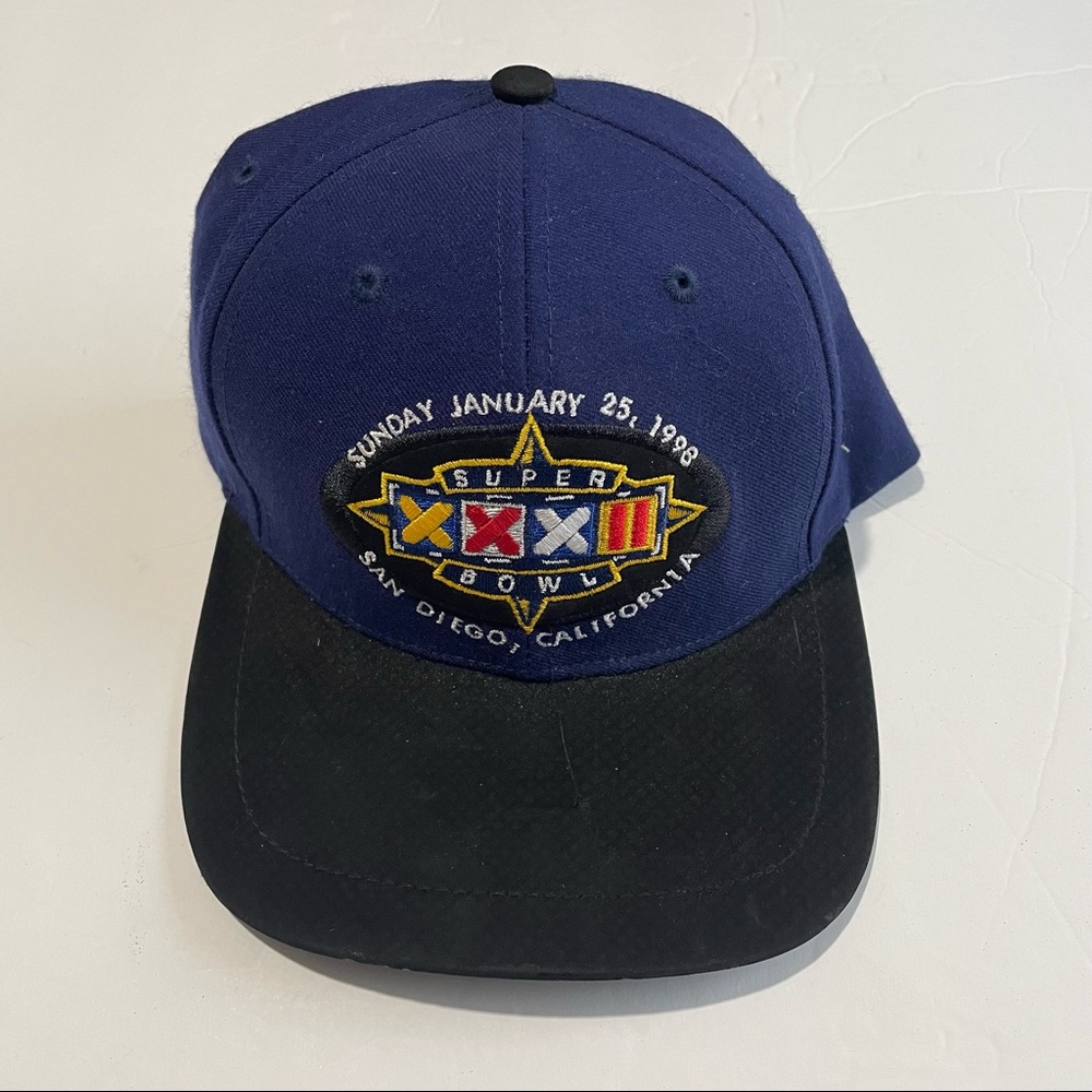 Super Bowl Snapback Hat XXXII 1998 Gameday NFL VTG San Diego Black and Blue